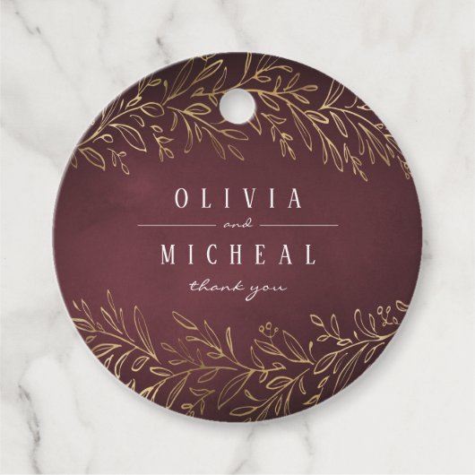 金箔金ゴールドブルゴーニュの植物のエレガントな結婚式 フェイバータグ (正面)