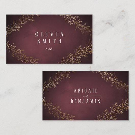 金箔金ゴールドブルゴーニュの植物のエレガントな結婚式 プレイスカード (正面/裏面)