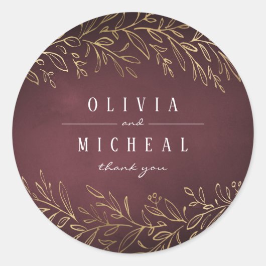 金箔金ゴールドブルゴーニュの植物のエレガントな結婚式 ラウンドシール (正面)
