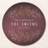 金箔金ゴールドブルゴーニュの植物のエレガントな結婚式 ラウンドペーパーコースター (正面)