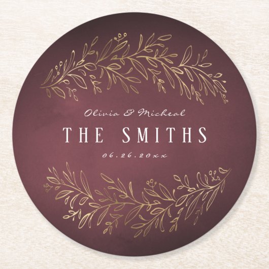 金箔金ゴールドブルゴーニュの植物のエレガントな結婚式 ラウンドペーパーコースター (正面)