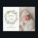 金箔開花写真誕生発表葉書 案内ポストカード<br><div class="desc">カスタム印手頃刷ベビー誕生発表はがき水色の植物性フローラリースと白い花と緑の色かわいらしの色の。ベビーの名前、誕生日、誕生の統計を使用してデザインをカスタマイズし、写真を追生まれたばかりの加する。デザインツールを使用して、任意の背景色を選択し、写真を追加し、文字のフォントと色を変更しユニークて、写真の誕生に関する通知を作成する。</div>