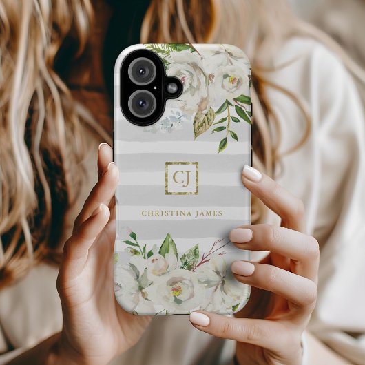 金箔開花 |グレーストライプフローラモノグラム Case-Mate iPhoneケース