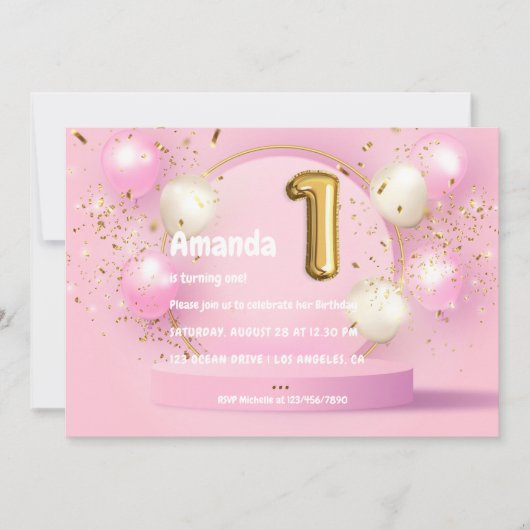 金箔風船と紙吹雪1歳 招待状 (正面)