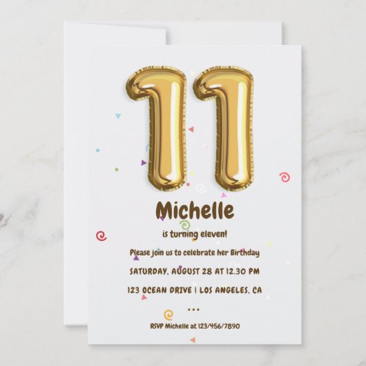 金箔風船と紙吹雪11th誕生日パーティー 招待状 (正面)