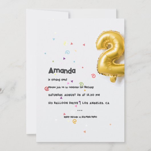 金箔風船と紙吹雪2ndバースデーフォト 招待状 (正面)
