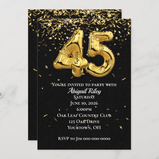 金箔風船45th誕生日パーティーの招待状 招待状 (正面/裏面)