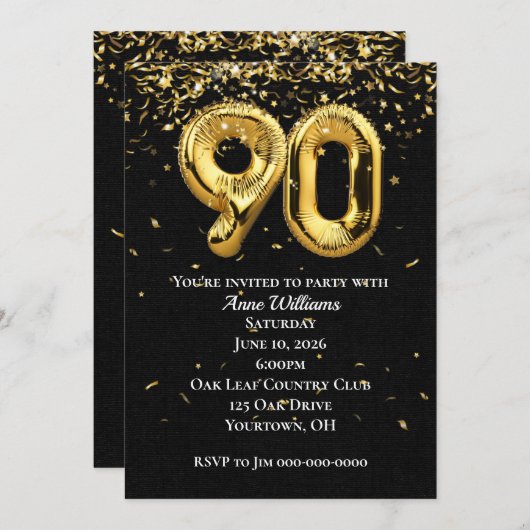 金箔風船90th誕生日パーティーへの招待 招待状 (正面/裏面)
