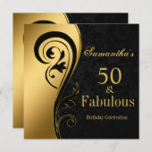 金箔、渦巻き、ブラックダマスク、50誕生日 招待状 (正面/裏面)