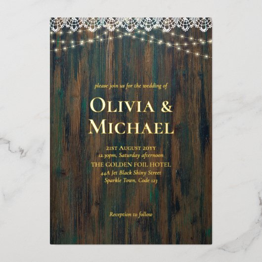 金素朴箔ワードレース灯を使用した木材 箔招待状 (正面)