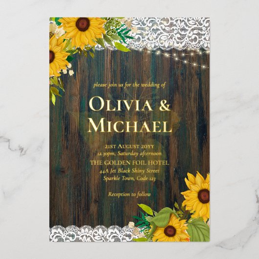 金素朴箔付き木材ワードひまわりレース 箔招待状 (正面)