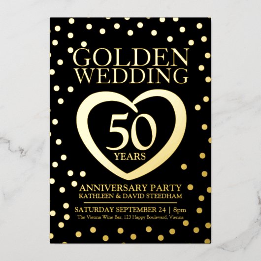 金結婚金記念日50thパーティーブラック金ゴールド 箔招待状 (正面)