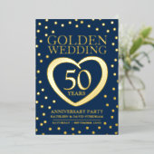 金結婚金記念日50thパーティーブルー金ゴールド 箔招待状 (立ち正面)