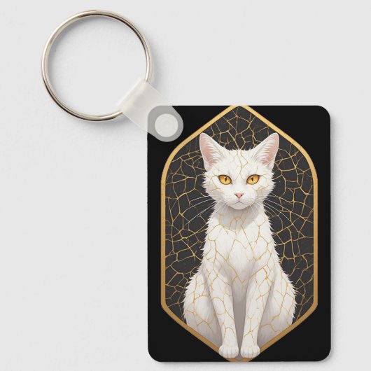 金継ぎ模様の白猫 🐾 キーホルダー (正面)