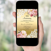 金色とピンクの花模様の結婚50周年記念 招待状