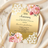 金色とピンクの花模様の結婚50周年記念 招待状