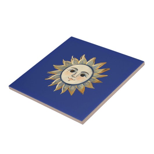 金色と濃紺の顔つきの天体太陽 タイル (側面)