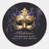 金色と紫の仮面舞踏会のマスクで華やかに 50歳の誕生日 ラウンドシール (正面)