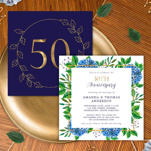 金色と青のアジサイの結婚50周年記念 招待状