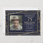 金色と青のフォト 75歳の誕生日パーティー 招待状 (正面)