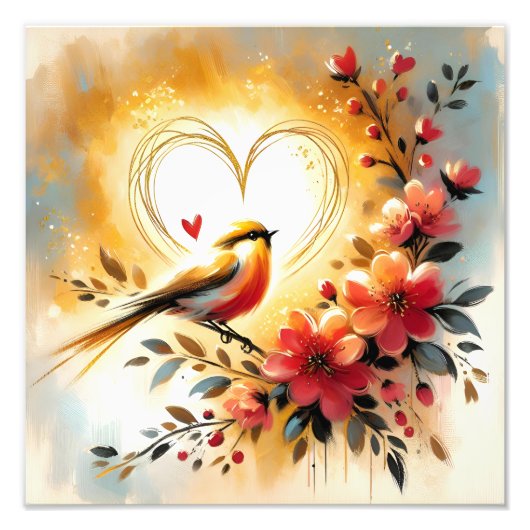 金色のさえずる鳥と珊瑚色の花とハート フォトプリント            (正面)