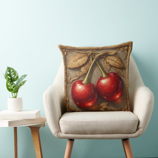 金色のさくらんぼを持つ2つの光沢のある赤離れい クッション (椅子)