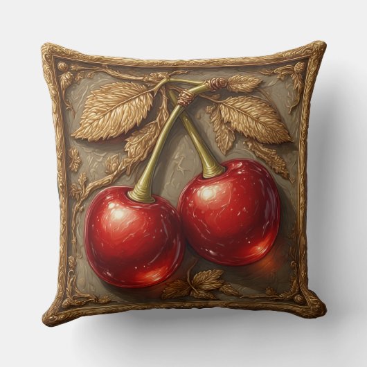 金色のさくらんぼを持つ2つの光沢のある赤離れい クッション (裏面)