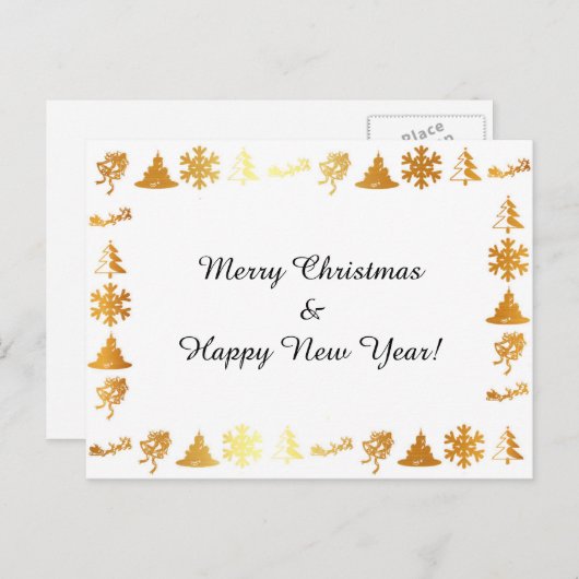 金色のアイコンがはがきされた「メリークリスマス」の白 シーズンポストカード (正面/裏面)