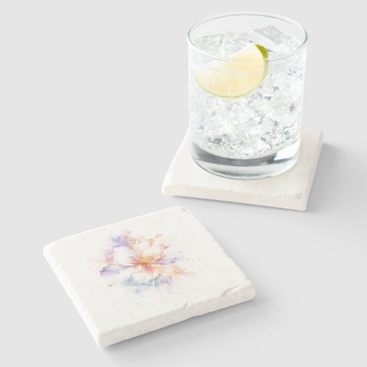金色のアクセントが美しいパステル調の花の水彩画アート ストーンコースター (横)