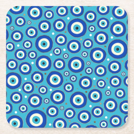 金色のアクセントを持つギリシャの悪い目のパターン スクエアペーパーコースター (正面)