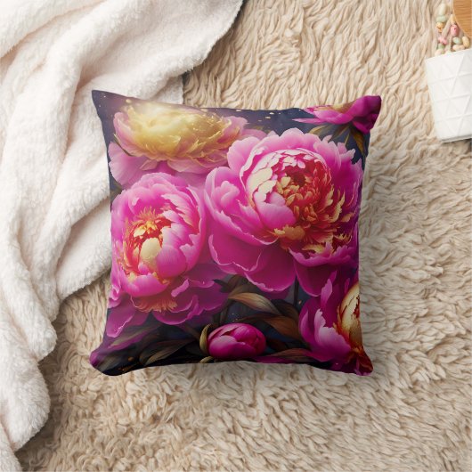 金色のアクセントを持つ豪華なピンクの牡丹 クッション (ブランケット)