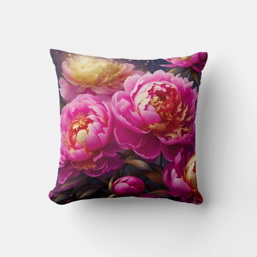 金色のアクセントを持つ豪華なピンクの牡丹 クッション (正面)