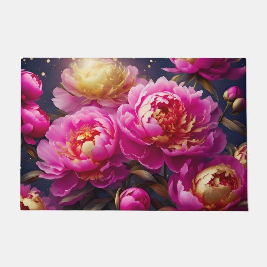 金色のアクセントを持つ豪華なピンクの牡丹 ドアマット (正面)