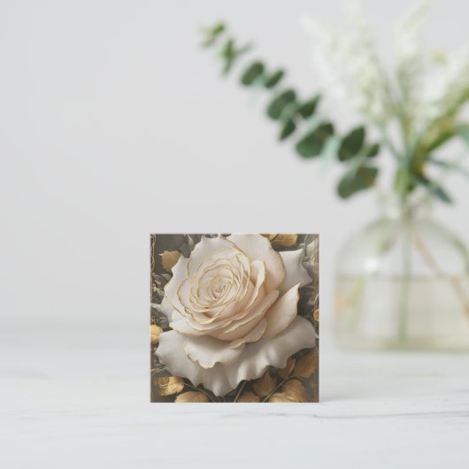金色のエッジを持つ白いバラのアートワーク エンクロージャーカード (スタンド正面)
