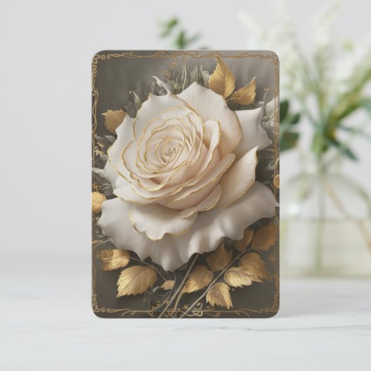 金色のエッジを持つ白いバラのアートワーク サンキューカード (スタンド正面)