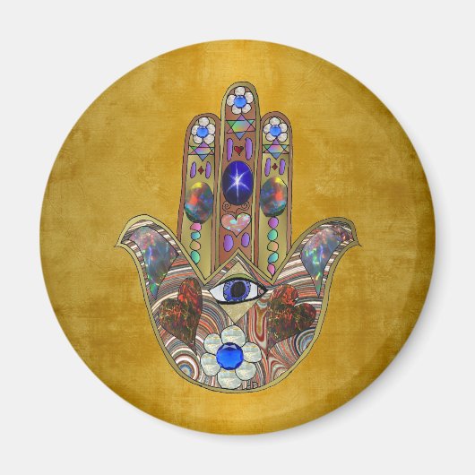 金色のオパールアート ハムサのハートと花 マグネット (正面)