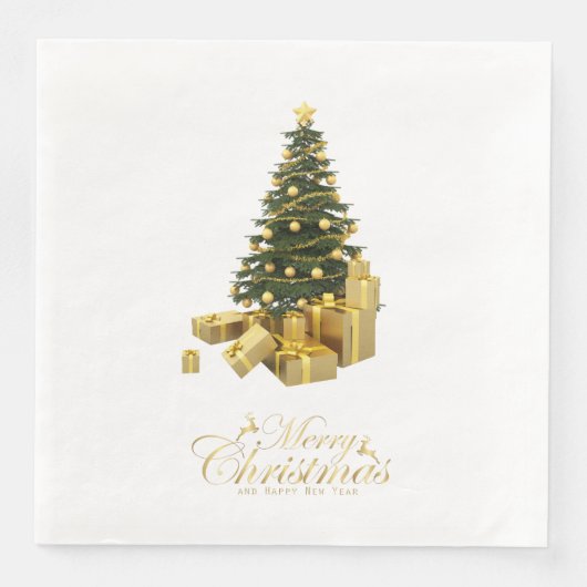 金色のオーナメントとギフトのクリスマスツリー (正面)