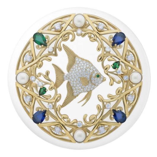 金色のクリスタルエンゼルフィッシュ 海の天使 セラミックノブ (正面)