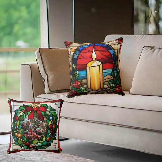 金色のクリスマスキャンドルフェイクステンドグラス クッション
