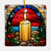 金色のクリスマスキャンドルフェイクステンドグラス セラミックオーナメント (正面)