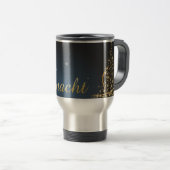 金色のクリスマスツリーの青いモチーフ トラベルマグ (正面右)