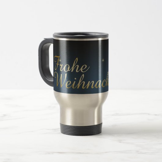 金色のクリスマスツリーの青いモチーフ トラベルマグ (正面左)
