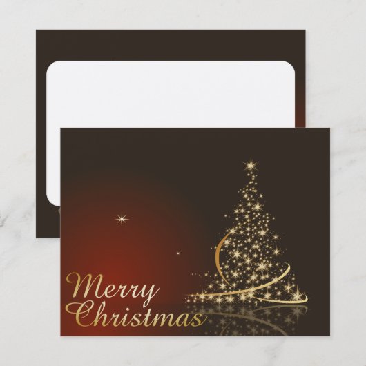 金色のクリスマスツリーを持つ赤いクリスマステーマ 招待状 (正面/裏面)