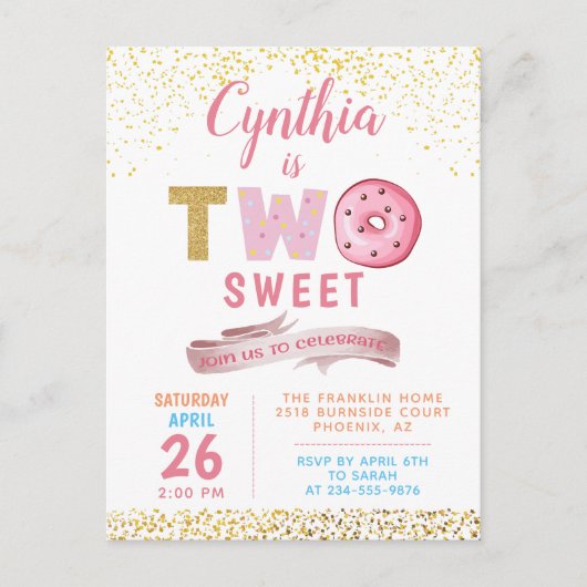 金色のグリッターが2つの甘いドーナツ 女の子の2歳の誕生日 ポストカード (正面)