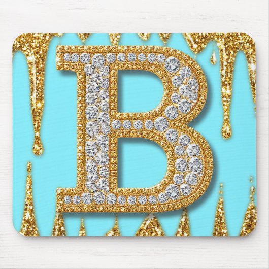 金色のグリッターの背景に輝くダイヤモンドの文字B マウスパッド (正面)