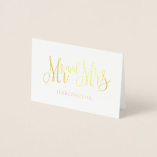 金色のゴールドのMr and Mrsサンクスカード。クラシックな結婚式 箔カード