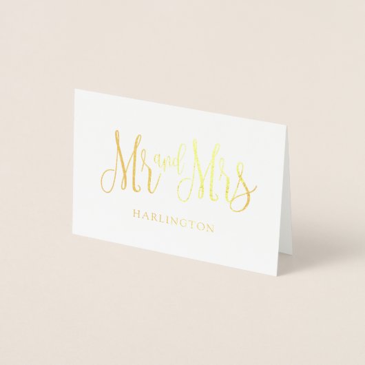 金色のゴールドのMr and Mrsサンクスカード。クラシックな結婚式 箔カード (正面)