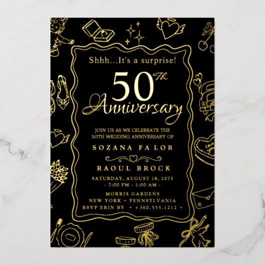 金色のサプライズ 50周年記念結婚式 箔招待状 (正面)