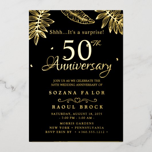 金色のサプライズ 50周年記念結婚式 箔招待状 (正面)