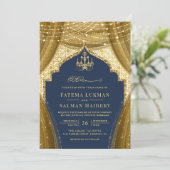 金色のシャンデリア カーテン ネイビーブルー ムスリム ウェディング 招待状 (スタンド正面)